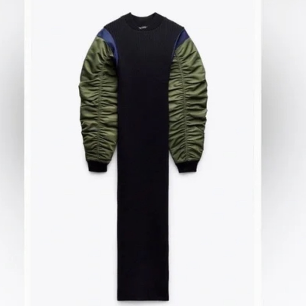 Zara Nylon Black and Green Long Sleeve Dress - Picture 2 of 8